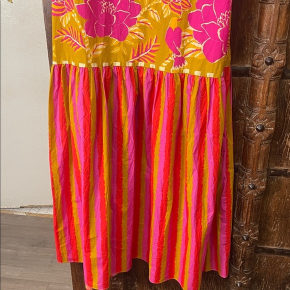 Farm Rio Floral Striped Shirtdress Size L Yellow Pink Maxi Missing Belt - Picture 9 of 9